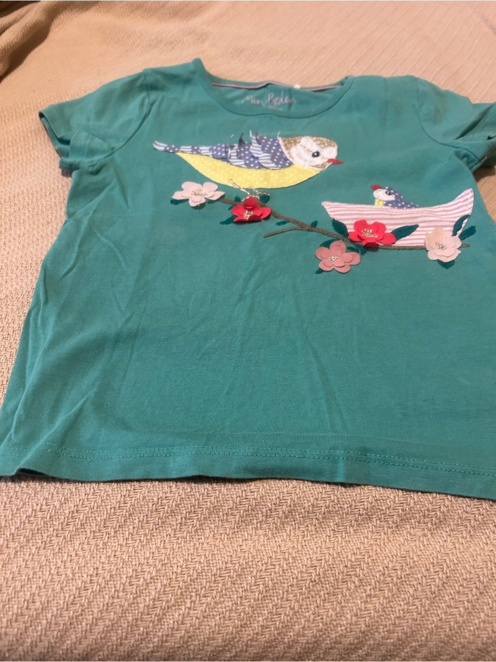 Mini Boden Girls' Teal Bird Appliqué Tee